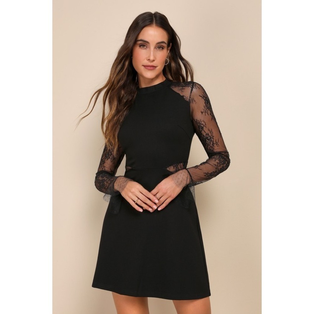 Lulus Bragging Rights Black Lace Long Sleeve Skater Dress - Size XS